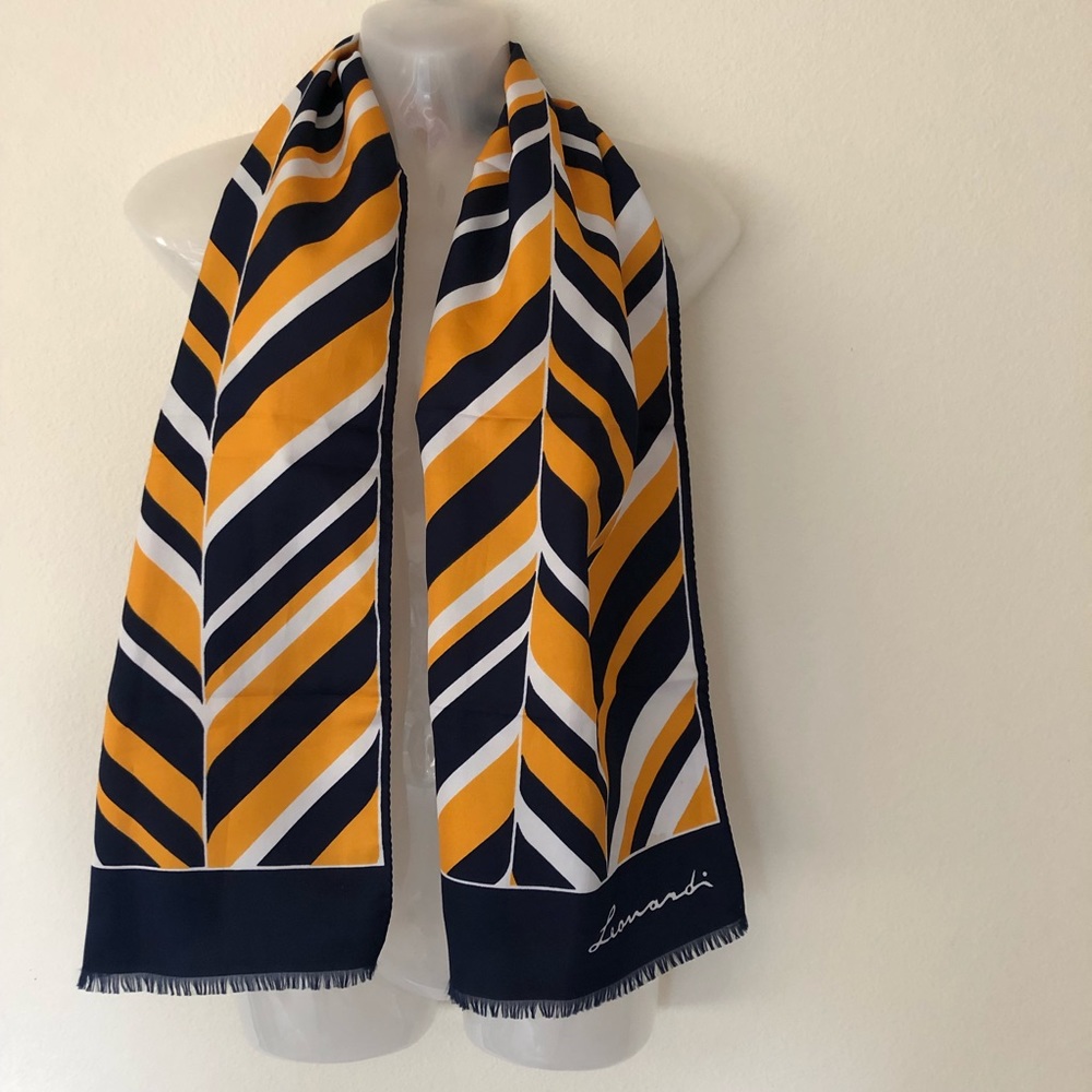 Vintage Leonardi Scarf chevron Navy blue Mustard Gold